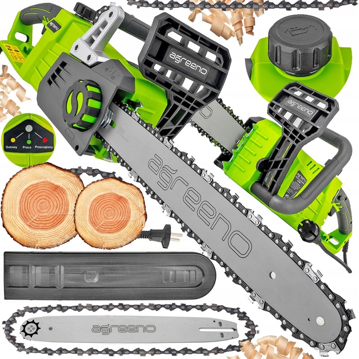 Zielono-szara pilarka łańcuchowa Agreeno. Prowadnica łańcucha. Łańcuch tnący. Osłona prowadnicy. 
